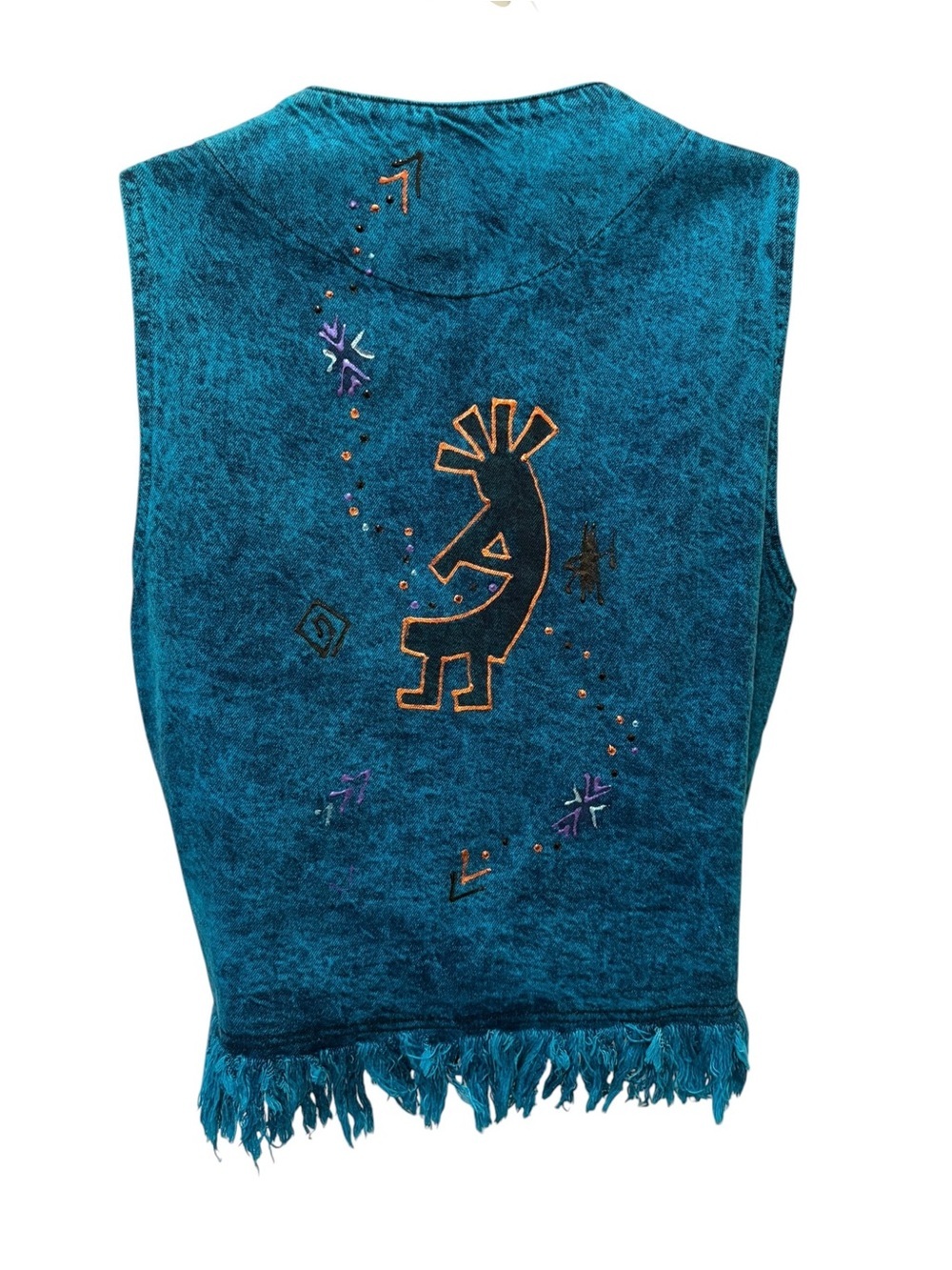 Arizona Jones Acid Denim Vest Sz XL Dyed Fringe Aztec Southwest Festival Tribal